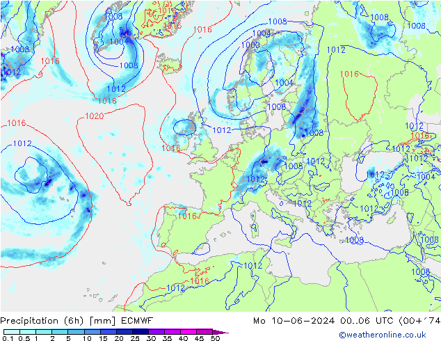 Totale neerslag (6h) ECMWF ma 10.06.2024 06 UTC