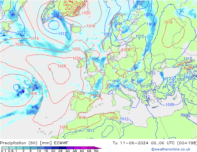 Nied. akkumuliert (6Std) ECMWF Di 11.06.2024 06 UTC