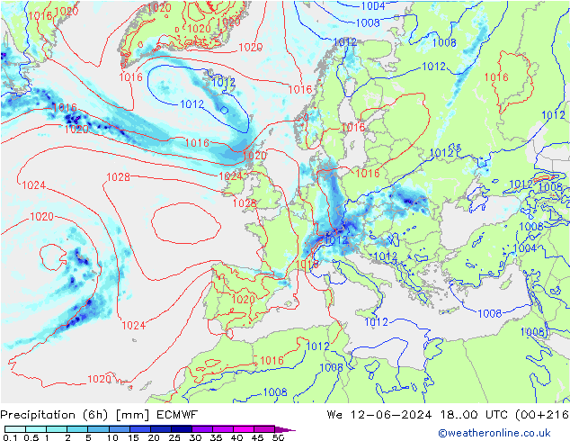 Z500/Rain (+SLP)/Z850 ECMWF mer 12.06.2024 00 UTC