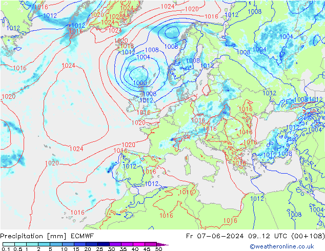 Srážky ECMWF Pá 07.06.2024 12 UTC