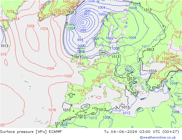 Atmosférický tlak ECMWF Út 04.06.2024 03 UTC