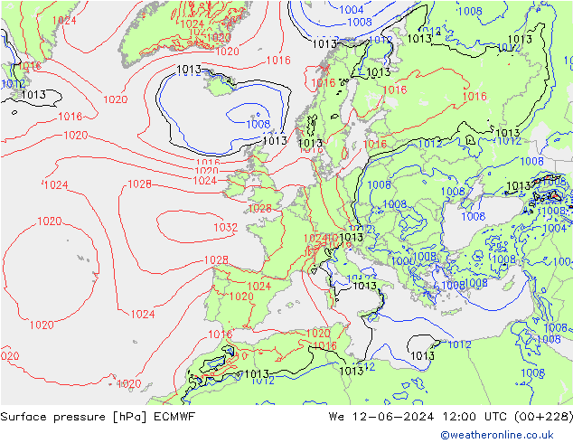 Luchtdruk (Grond) ECMWF wo 12.06.2024 12 UTC