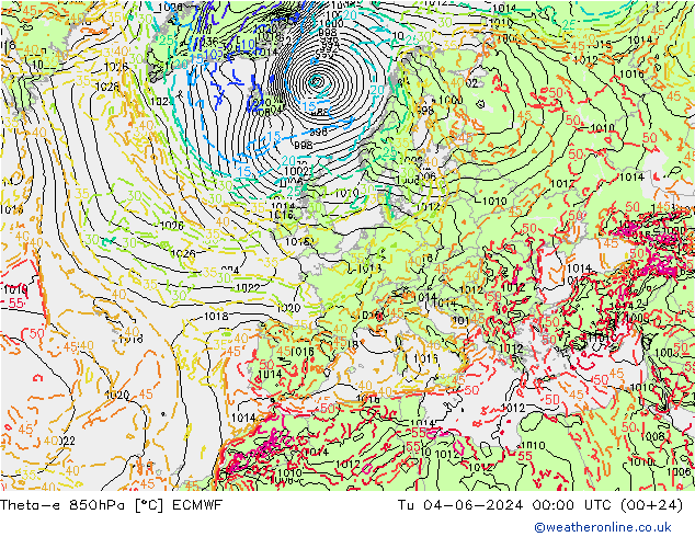 Theta-e 850hPa ECMWF Tu 04.06.2024 00 UTC