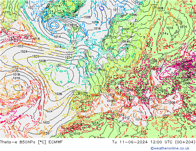 Theta-e 850hPa ECMWF Tu 11.06.2024 12 UTC