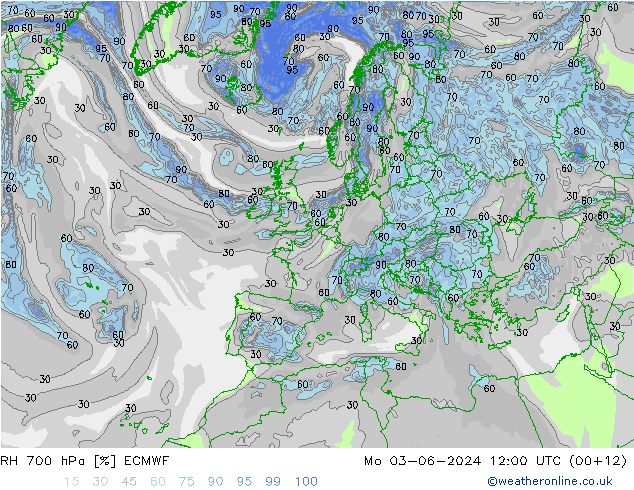 Humidité rel. 700 hPa ECMWF lun 03.06.2024 12 UTC