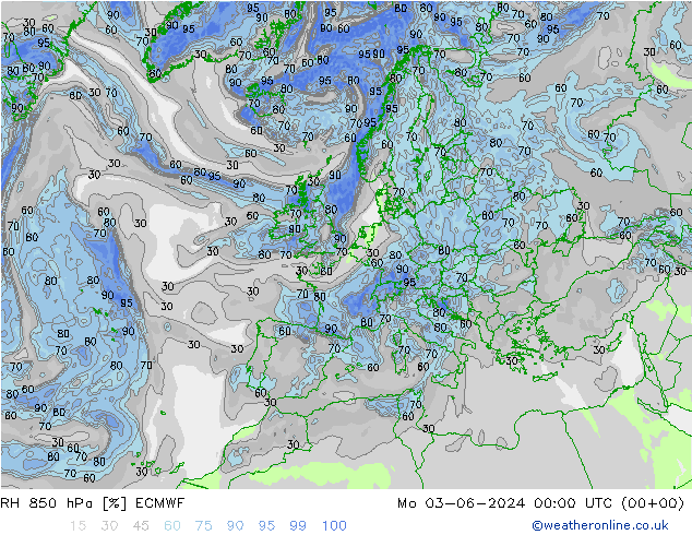 RH 850 hPa ECMWF pon. 03.06.2024 00 UTC