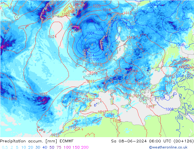 Precipitation accum. ECMWF So 08.06.2024 06 UTC