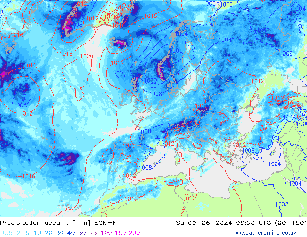 Precipitation accum. ECMWF nie. 09.06.2024 06 UTC