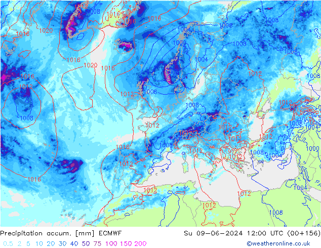 Precipitation accum. ECMWF nie. 09.06.2024 12 UTC