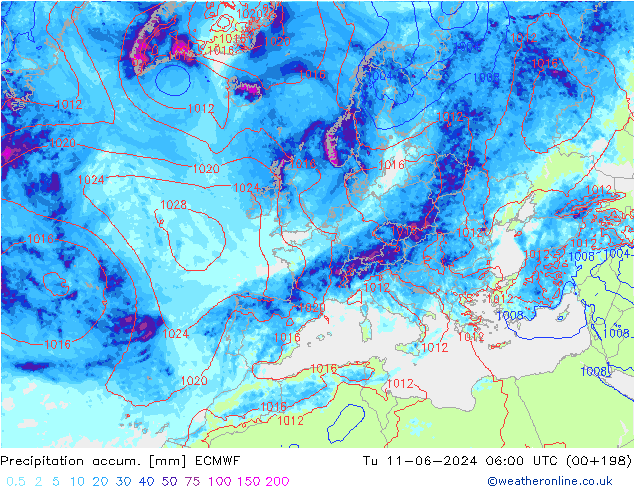 Precipitation accum. ECMWF Út 11.06.2024 06 UTC