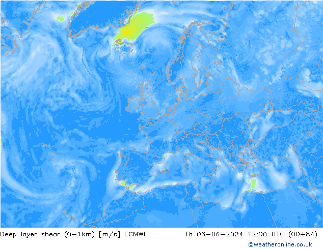 Deep layer shear (0-1km) ECMWF Do 06.06.2024 12 UTC