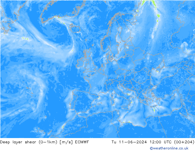 Deep layer shear (0-1km) ECMWF Tu 11.06.2024 12 UTC