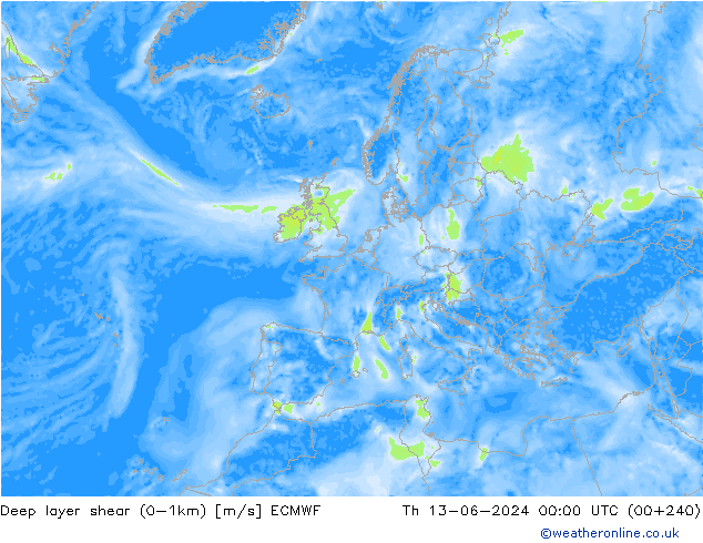 Deep layer shear (0-1km) ECMWF czw. 13.06.2024 00 UTC