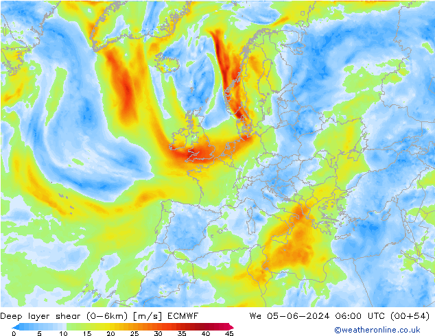 Deep layer shear (0-6km) ECMWF Çar 05.06.2024 06 UTC