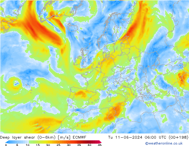 Deep layer shear (0-6km) ECMWF Di 11.06.2024 06 UTC