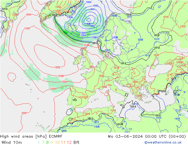 Izotacha ECMWF pon. 03.06.2024 00 UTC