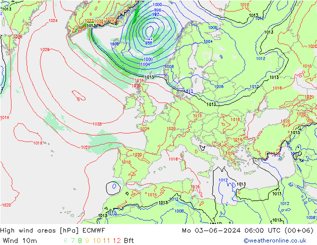High wind areas ECMWF 星期一 03.06.2024 06 UTC