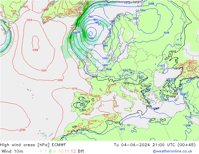 yüksek rüzgarlı alanlar ECMWF Sa 04.06.2024 21 UTC