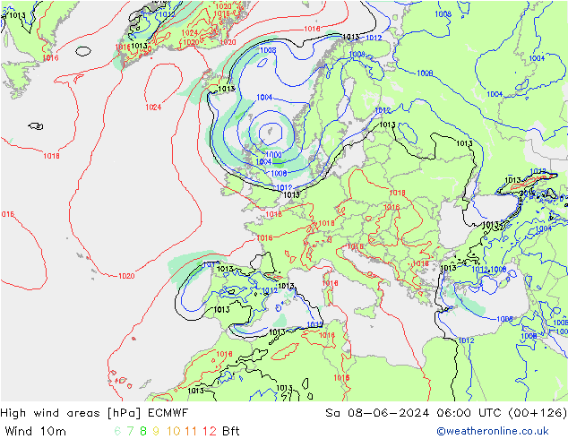 High wind areas ECMWF So 08.06.2024 06 UTC