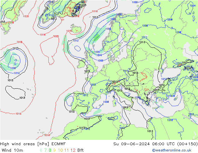 Windvelden ECMWF zo 09.06.2024 06 UTC