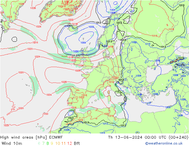 High wind areas ECMWF Th 13.06.2024 00 UTC