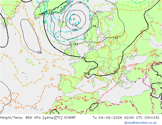 Height/Temp. 850 hPa ECMWF 星期二 04.06.2024 00 UTC