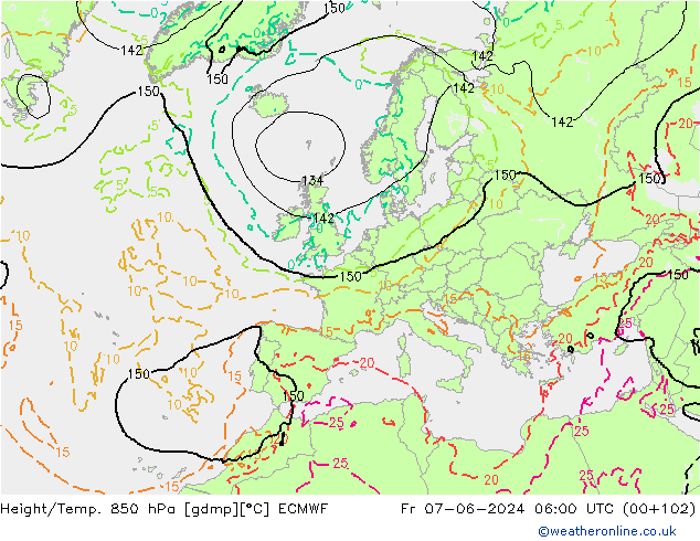 Geop./Temp. 850 hPa ECMWF vie 07.06.2024 06 UTC