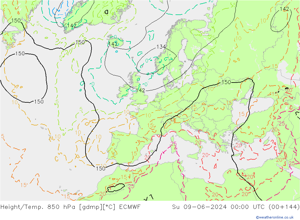 Hoogte/Temp. 850 hPa ECMWF zo 09.06.2024 00 UTC