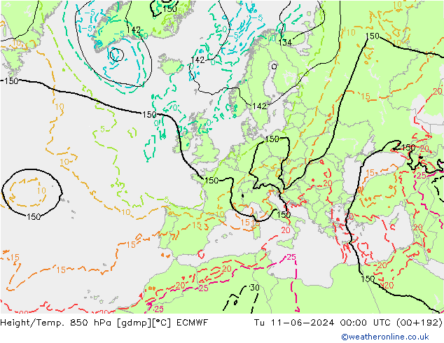Z500/Yağmur (+YB)/Z850 ECMWF Sa 11.06.2024 00 UTC