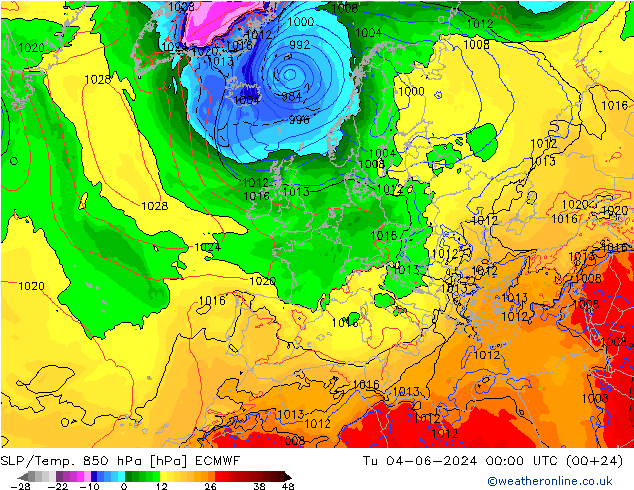 SLP/Temp. 850 hPa ECMWF di 04.06.2024 00 UTC