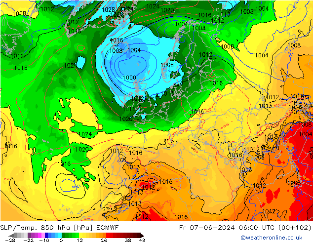 SLP/Temp. 850 hPa ECMWF ven 07.06.2024 06 UTC