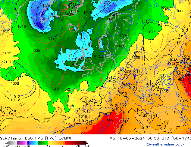 SLP/Temp. 850 гПа ECMWF пн 10.06.2024 06 UTC