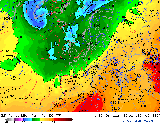 SLP/Temp. 850 hPa ECMWF Mo 10.06.2024 12 UTC