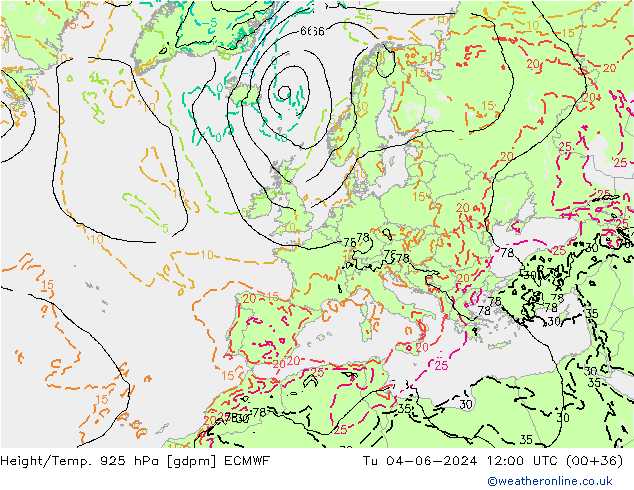 Height/Temp. 925 hPa ECMWF wto. 04.06.2024 12 UTC