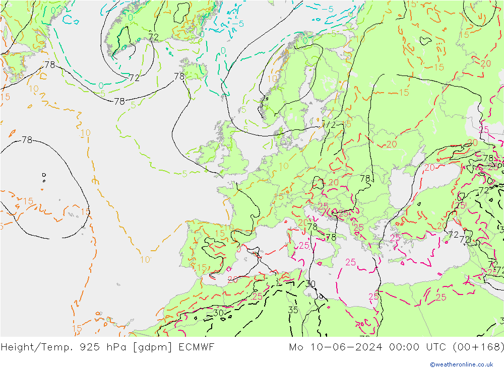 Height/Temp. 925 hPa ECMWF lun 10.06.2024 00 UTC