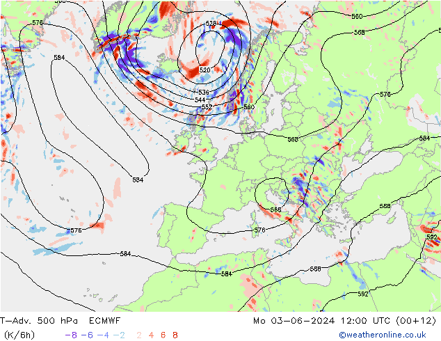 T-Adv. 500 hPa ECMWF Mo 03.06.2024 12 UTC