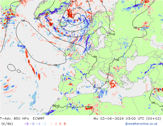 T-Adv. 850 гПа ECMWF пн 03.06.2024 03 UTC