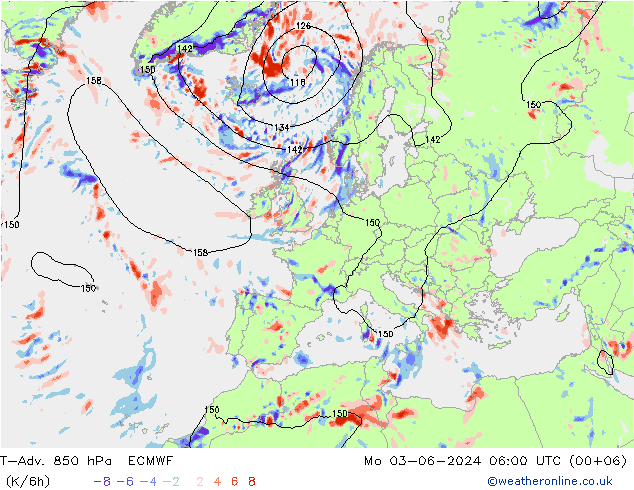 T-Adv. 850 hPa ECMWF lun 03.06.2024 06 UTC