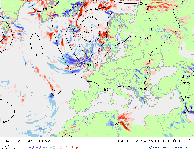 T-Adv. 850 hPa ECMWF Di 04.06.2024 12 UTC