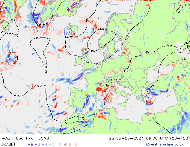 T-Adv. 850 hPa ECMWF Su 09.06.2024 06 UTC