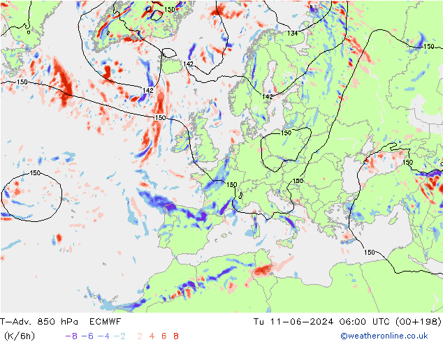 T-Adv. 850 hPa ECMWF Ter 11.06.2024 06 UTC