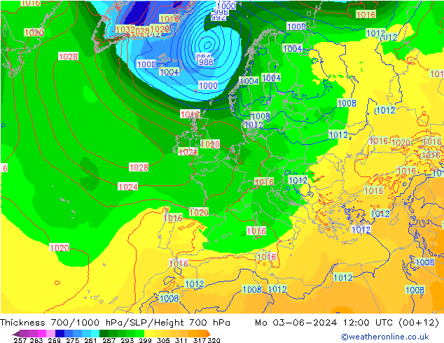 Thck 700-1000 hPa ECMWF lun 03.06.2024 12 UTC