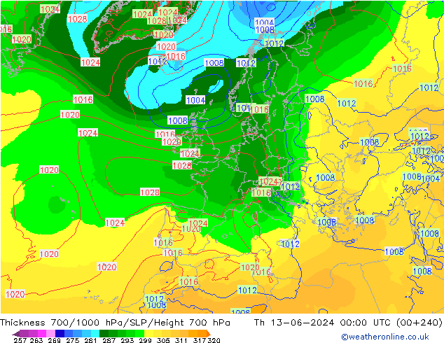 Thck 700-1000 hPa ECMWF Th 13.06.2024 00 UTC