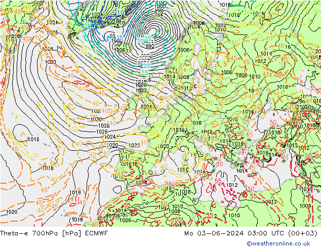 Theta-e 700hPa ECMWF Seg 03.06.2024 03 UTC