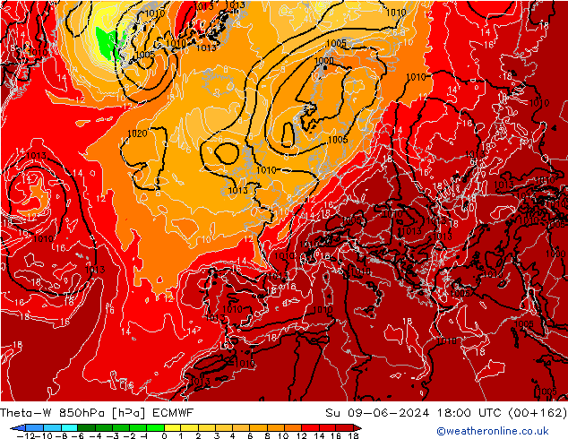 Theta-W 850hPa ECMWF nie. 09.06.2024 18 UTC