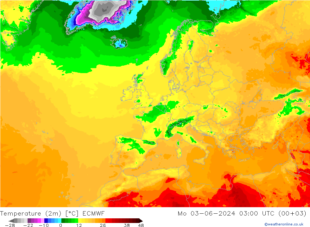 Temperature (2m) ECMWF Mo 03.06.2024 03 UTC