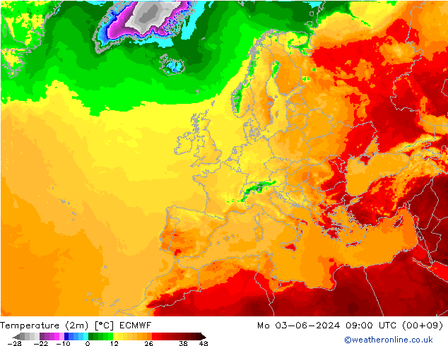 Temperatura (2m) ECMWF Seg 03.06.2024 09 UTC