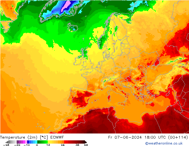 Temperatura (2m) ECMWF vie 07.06.2024 18 UTC