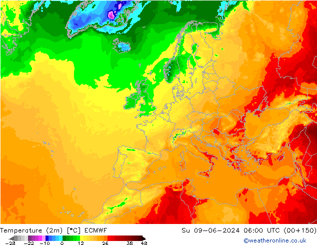 Temperatuurkaart (2m) ECMWF zo 09.06.2024 06 UTC
