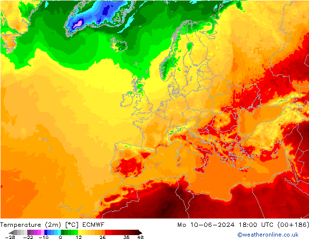 Temperaturkarte (2m) ECMWF Mo 10.06.2024 18 UTC